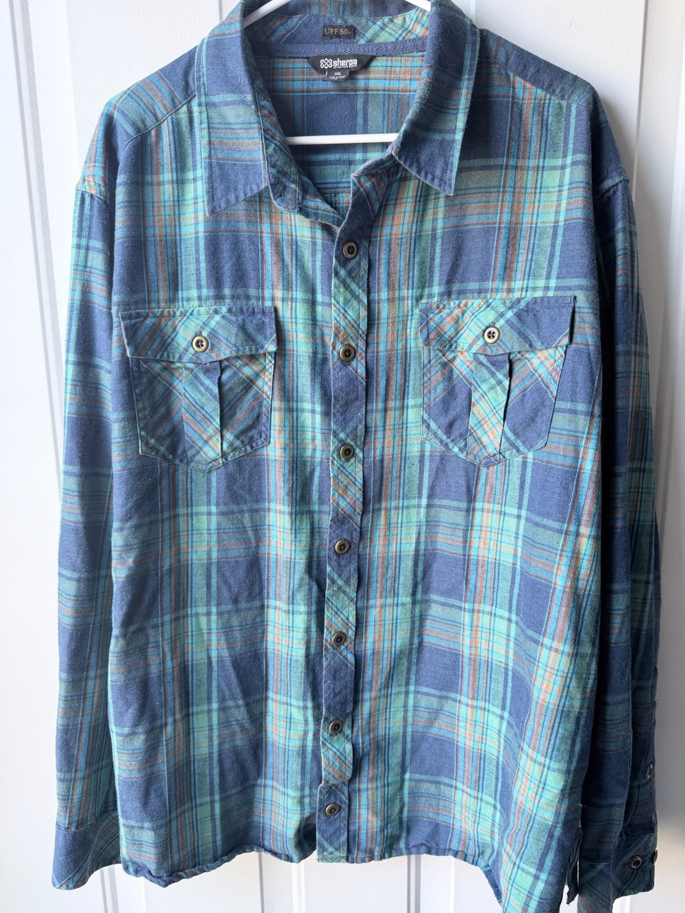 Sherpa Adventure Gear UPF 50+ Plaid Button Front Flannel Shirt XXL Blue Green